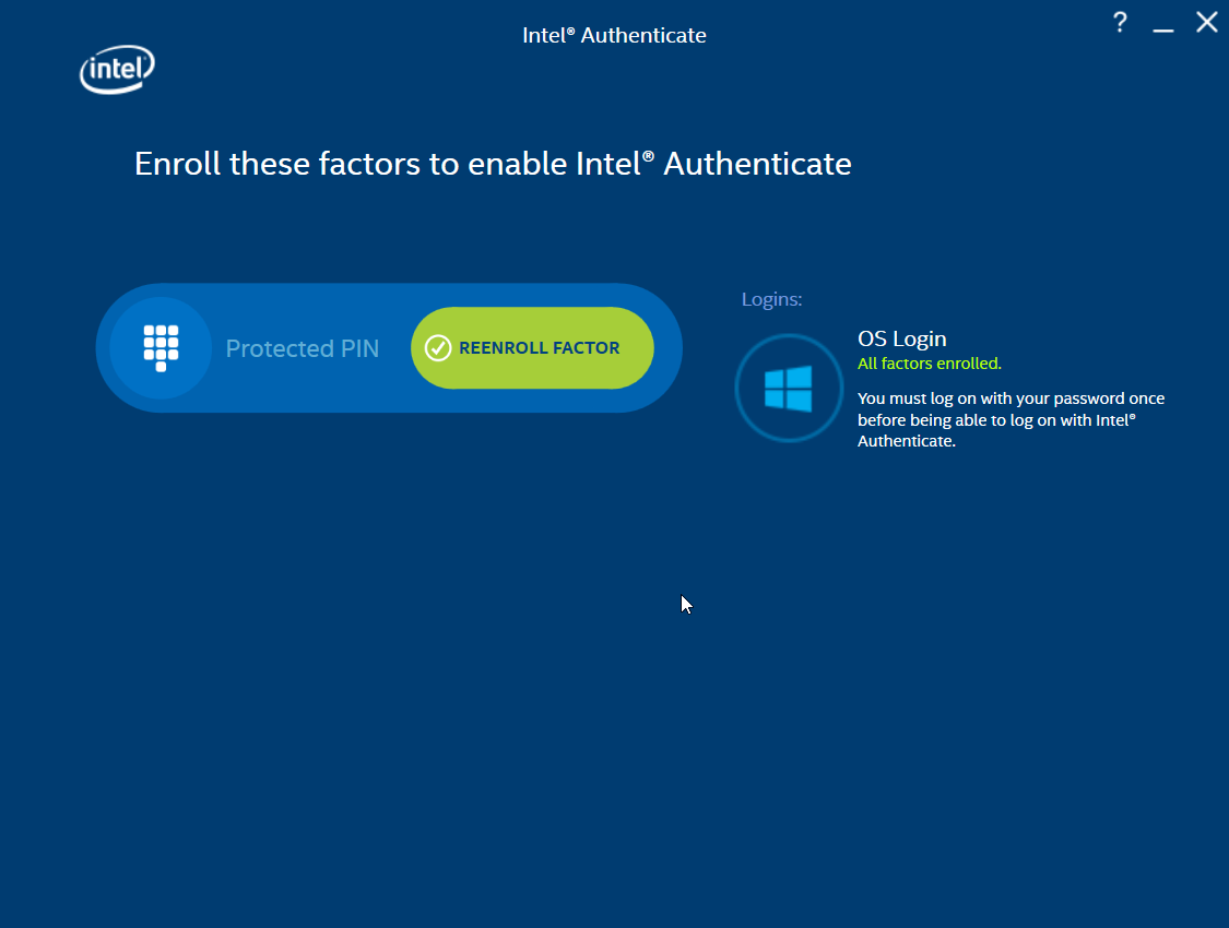 A screenshot of the Intel® Authenticate Factor Management window showing that all factors were enrolled.