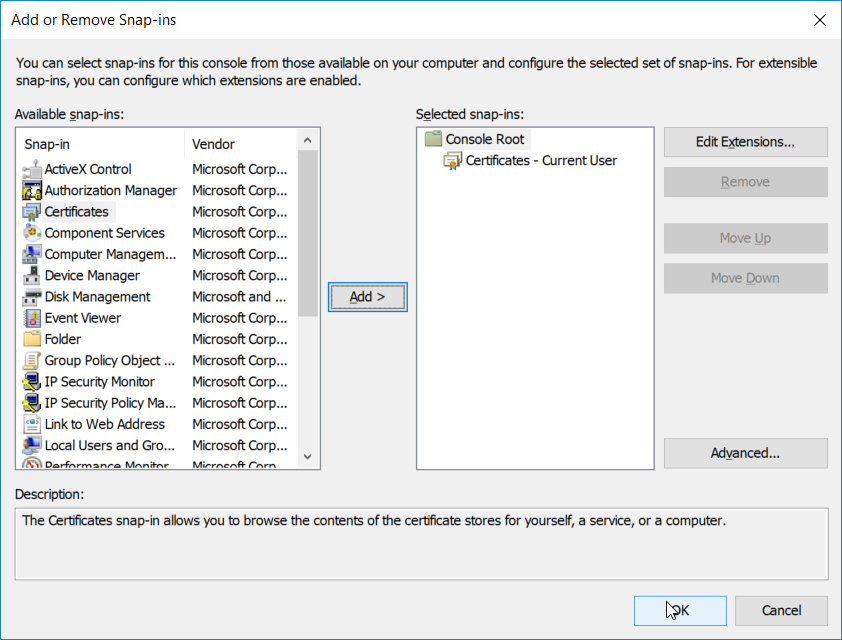 A screenshot of the "Add or Remove Snap-ins" selections dialog box. The Certificated Snap-in is highlighted and added. The OK button is selected.