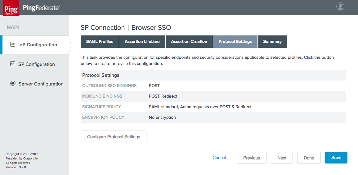 This figure depicts the Protocol Settings tab for browser SSO for an SP connection.
