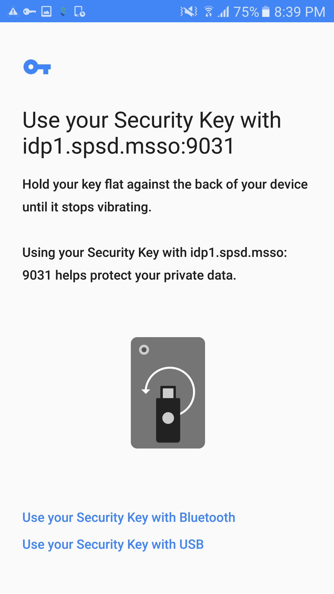 The right side of the figure depicts the Google Authenticator application directing the user to use their FIDO Security Key.