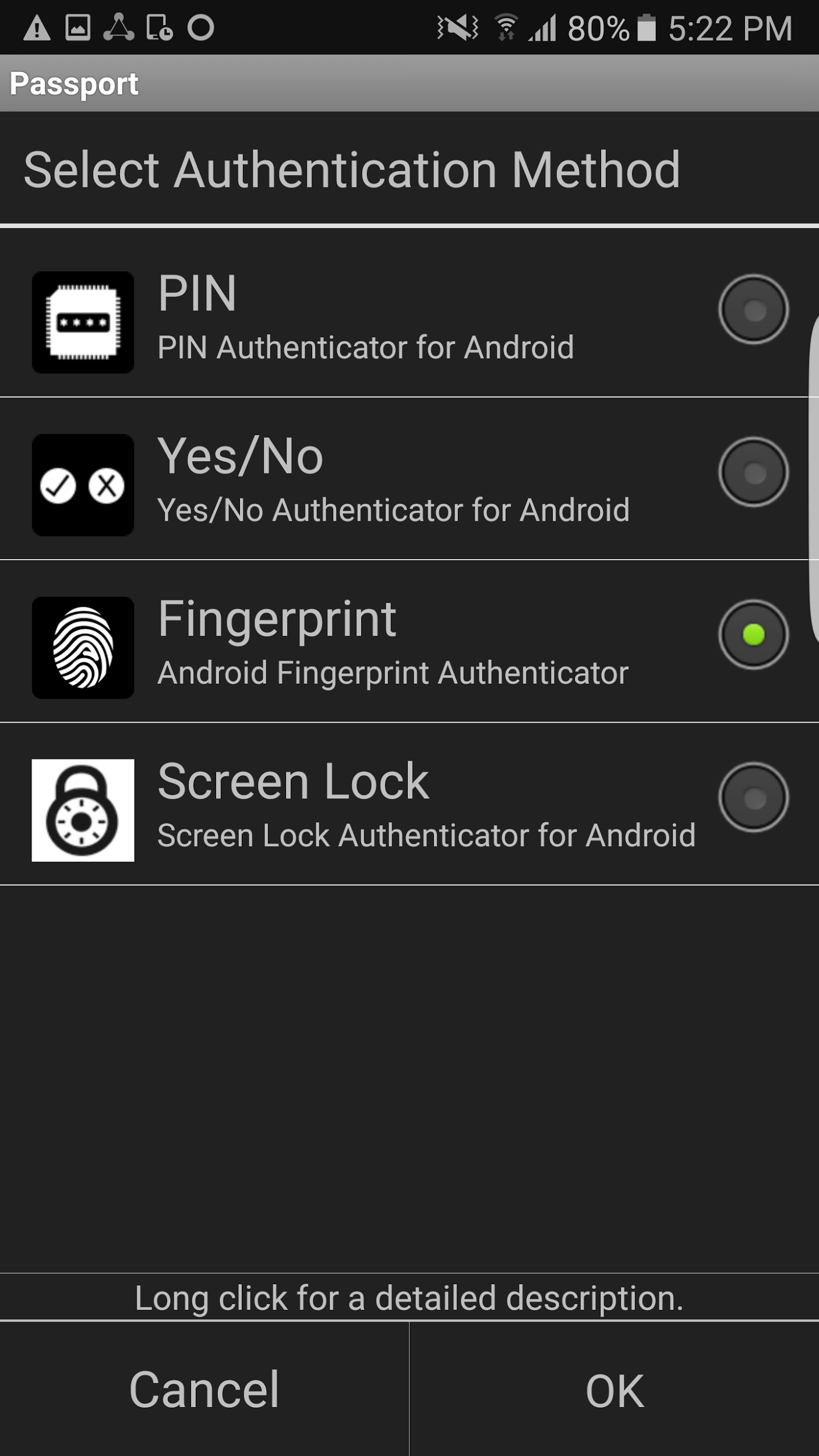 The right side of this figure shows the application on an Android device prompting the user to select the type of verification to use (fingerprint, PIN, etc.)