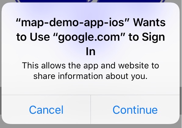This figure displays a dialog box prompting the user to cancel or continue to allow the app and website to share information about the user.
