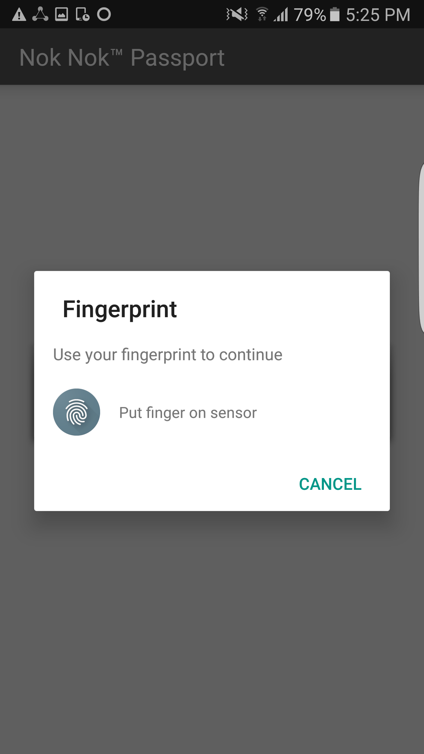 This figure shows a user of an Android device being prompted to do a fingerprint scan.