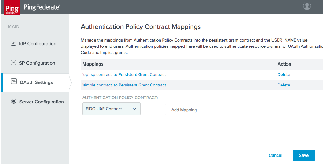 This figure depicts creating a mapping from the policy contract to the OAuth persistent grant.