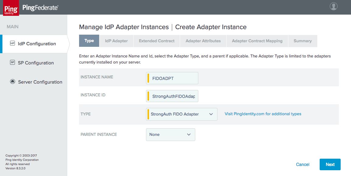 This figure depicts the Type tab for creating a new FIDO U2F Adapter instance.