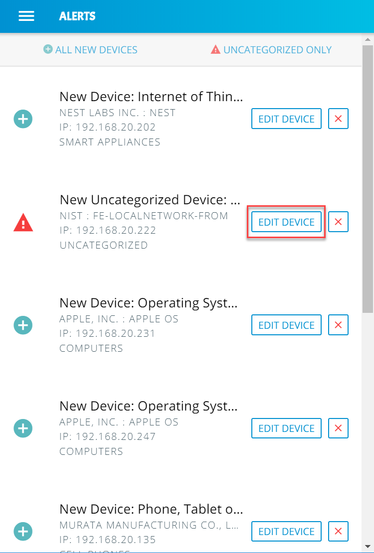 Screenshot of the Yikes! app Alerts page, with the Edit Device button highlighted on an uncategorized device alert