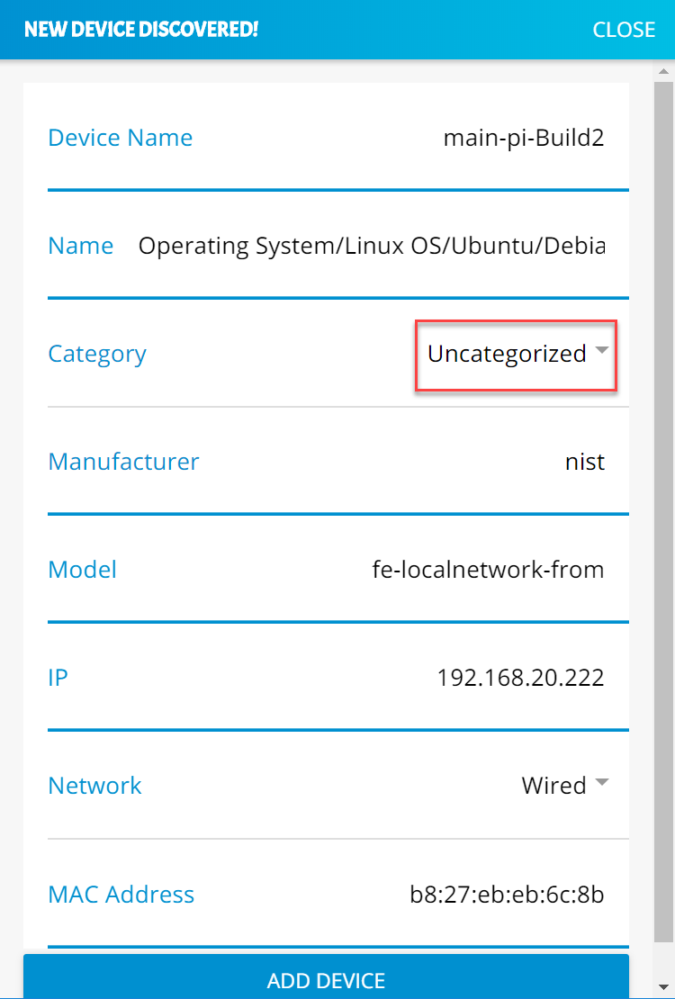 Screenshot of the Yikes! app new device window, with the Category option highlighted