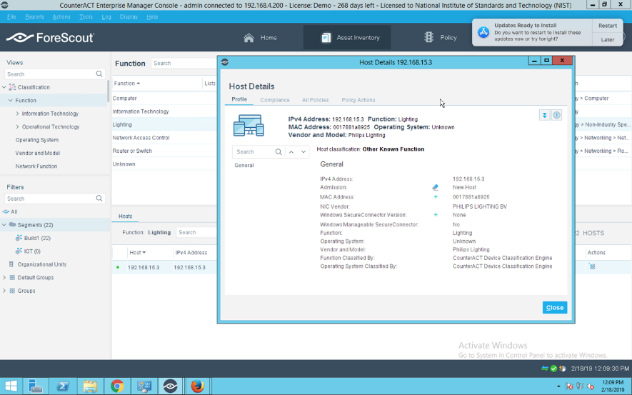 A screenshot of ForeScout showing additional details on the categorized IoT device