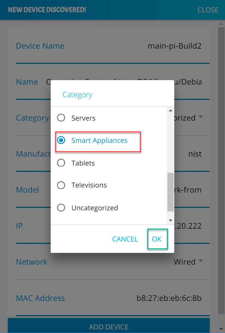 Screenshot of the Yikes! app new device window, with the category set to Smart Appliances