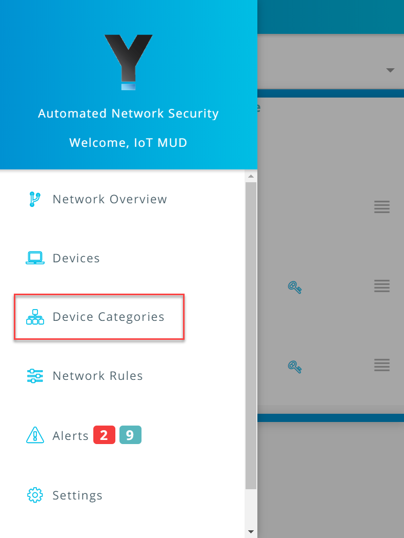 Screenshot of the Yikes! app Menu, with the Device Categories option highlighted