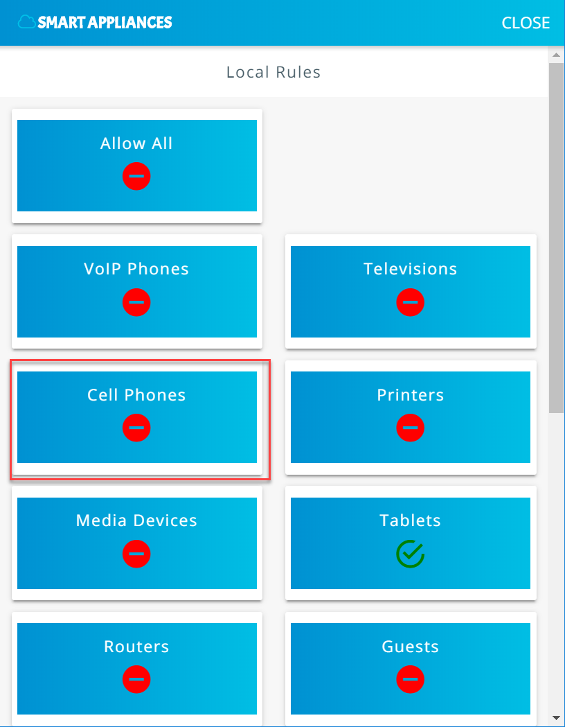 Screenshot of the Yikes! app Smart Appliances category page, with the Cell Phones category pre-set to deny traffic