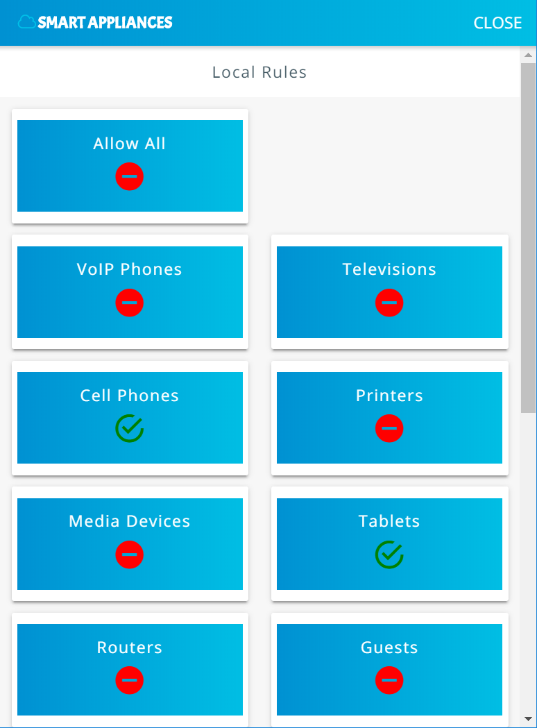 Screenshot of the Yikes! app Smart Appliances category page, with the Cell Phones category changed to allow traffic once the button has been clicked.