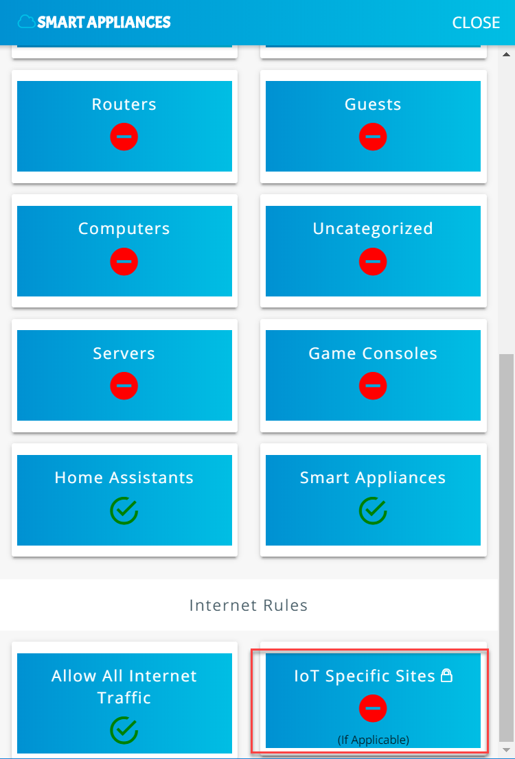 Screenshot of the Yikes! app Smart Appliances category page, with the IoT Specific Sites button pre-set to deny specific traffic and allow all internet traffic for devices in this category.