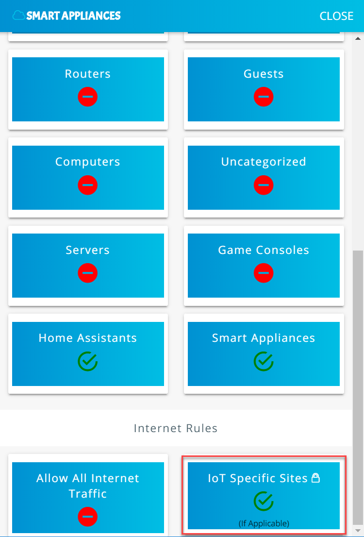 Screenshot of the Yikes! app Smart Appliances category page, with the IoT Specific Sites category set to allow only IoT specific traffic once the button is clicked.