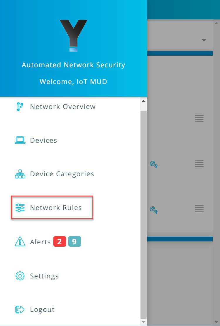 Screenshot of the Yikes! app menu, with the Network Rules section highlighted