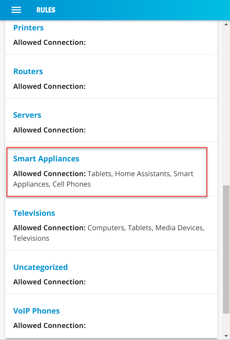 Screenshot of the Yikes! app Network Rules page, with the Local Rules section expanded and the "Smart Appliances" category highlighted. Showing this category is allowed to communicate laterally with tablets, home assistants, smart appliances and cell phones.