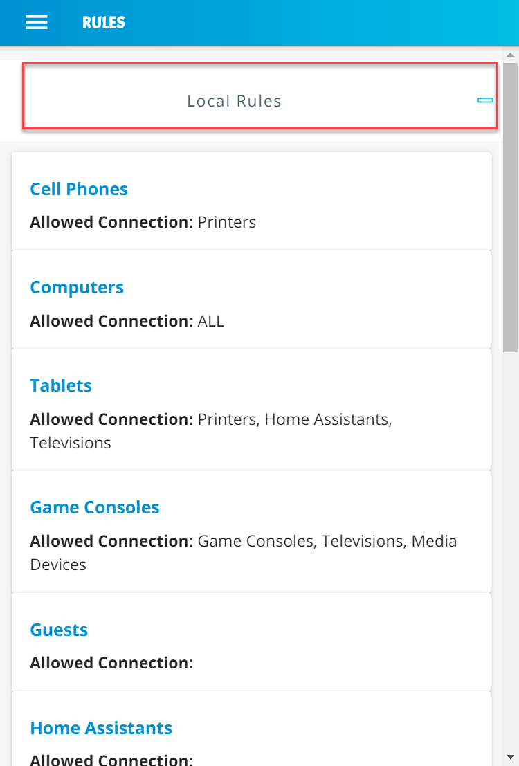 Screenshot of the Yikes! app Network Rules page, with the Local Rules section expanded and highlighted