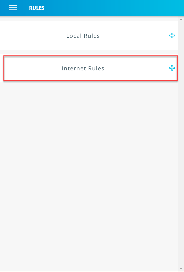 Screenshot of the Yikes! app Network Rules page, with the Internet Rules section highlighted and selected.