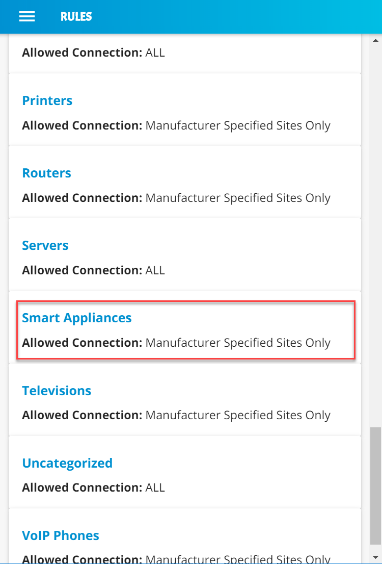 Screenshot of the Yikes! app Network Rules page, with the Internet Rules section expanded and the "Smart Appliances" category highlighted showing this category can only communicate with Manufacturer Specified Sites Only.