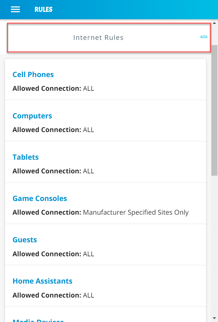 Screenshot of the Yikes! app Network Rules page, with the Internet Rules section expanded and highlighted