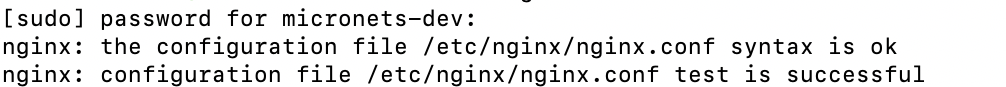 This image shows the expected output for the command "sudo nginx -t" being run on the MUD Manager.