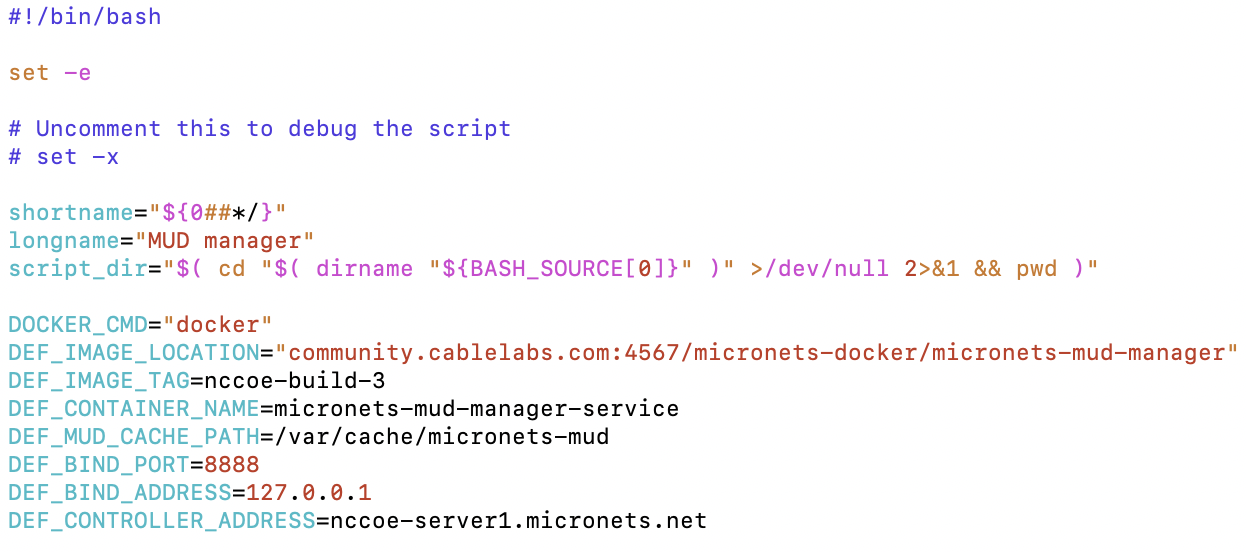 This image shows the contents of the file "/etc/micronets/micronets-mud-manager.d/micronets-mud-manager" on the MUD Manager, after the DEF_CONTROLLER_ADDRESS value has been changed.