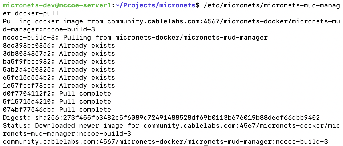 This image shows the expected output for the command "/etc/micronets/micronets-mud-manager.d/micronets-mud-manager docker-pull" being run on the MUD Manager.