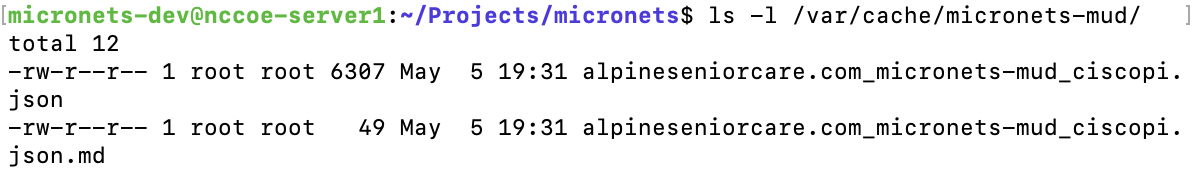 This image shows the expected output for the command "ls -1 /var/cache/micronets-mud/" being run on the MUD Manager.