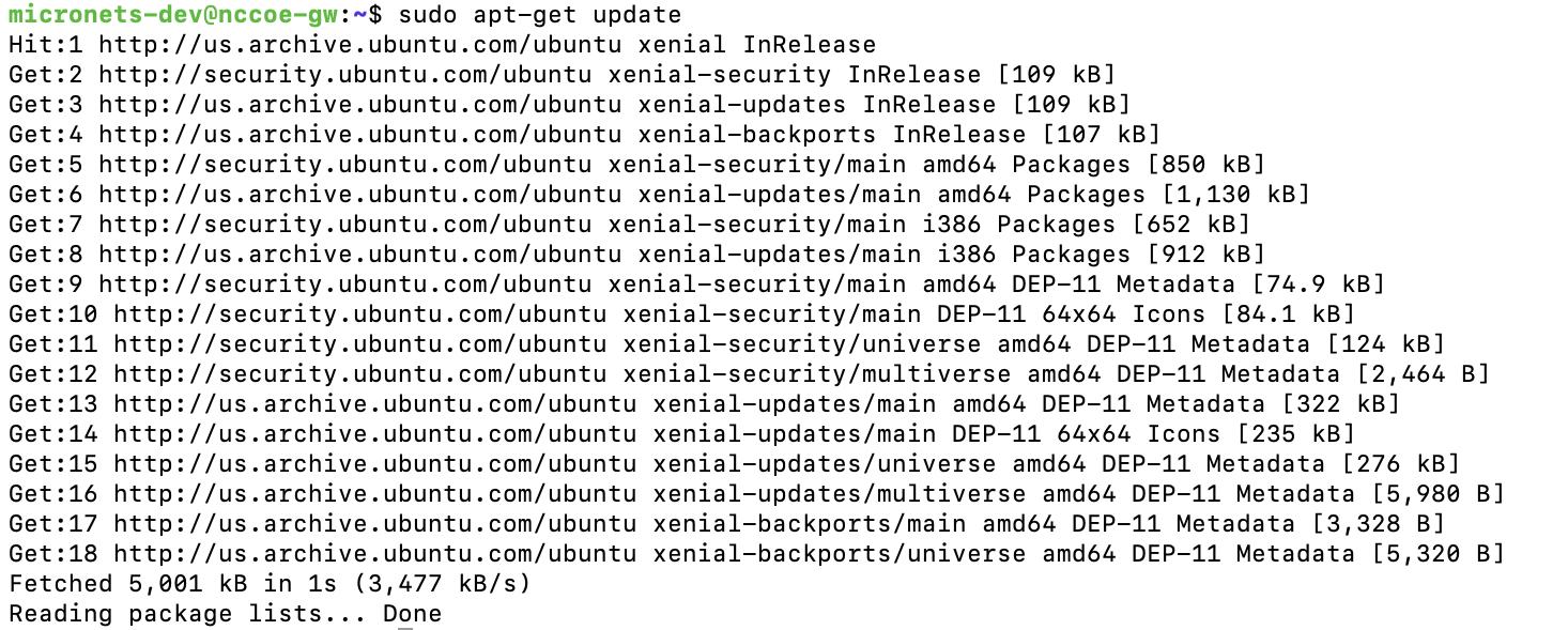 This image shows the expected output from the command "sudo apt-get update" being run on the Micronets Gateway.