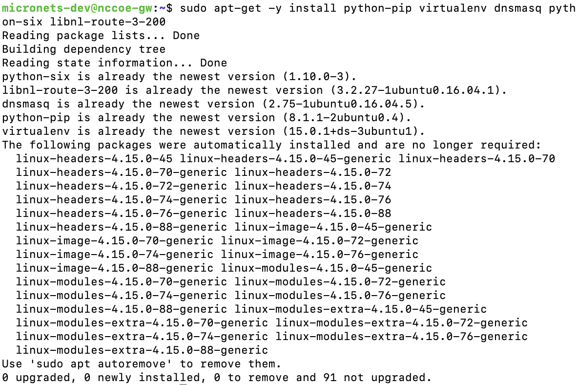 This image shows the expected output from the command "sudo apt-get -y install python-pip virtualenv dnsmasq python-six libnl-route-3-200" being run on the Micronets Gateway.