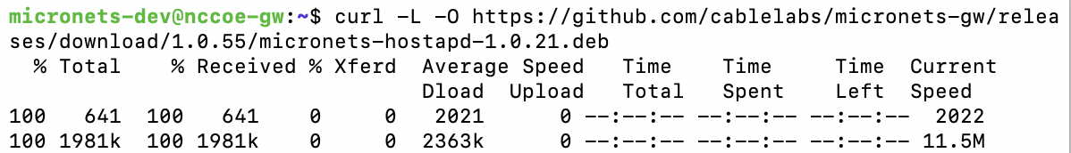 This image shows the output of the command "curl -L -O https://github.com/cablelabs/micronets-gw/releases/download/1.0.55/micronets-hostapd-1.0.21.deb" being run on the Micronets Gateway.