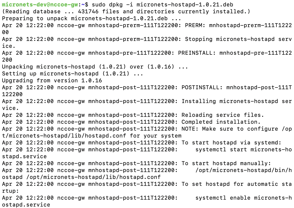 This image shows the expected output of the command "sudo dpkg -i micronets-hostapd-1.0.21.deb " being run on the Micronets Gateway.