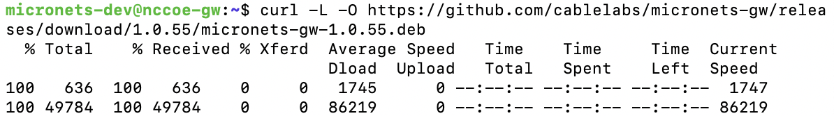 This image shows the expected output of the command "curl -L -O https://github.com/cablelabs/micronets-gw/releases/download/1.0.55/micronets-gw-1.0.55.deb" being run on the Micronets Gateway.