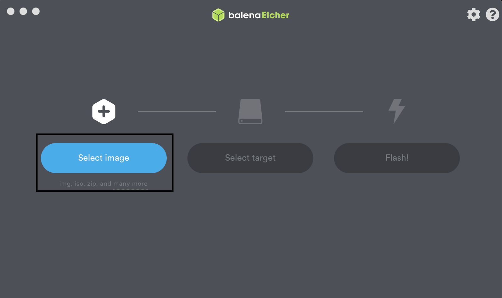 This image shows the "Select image" button in BalenaEtcher.