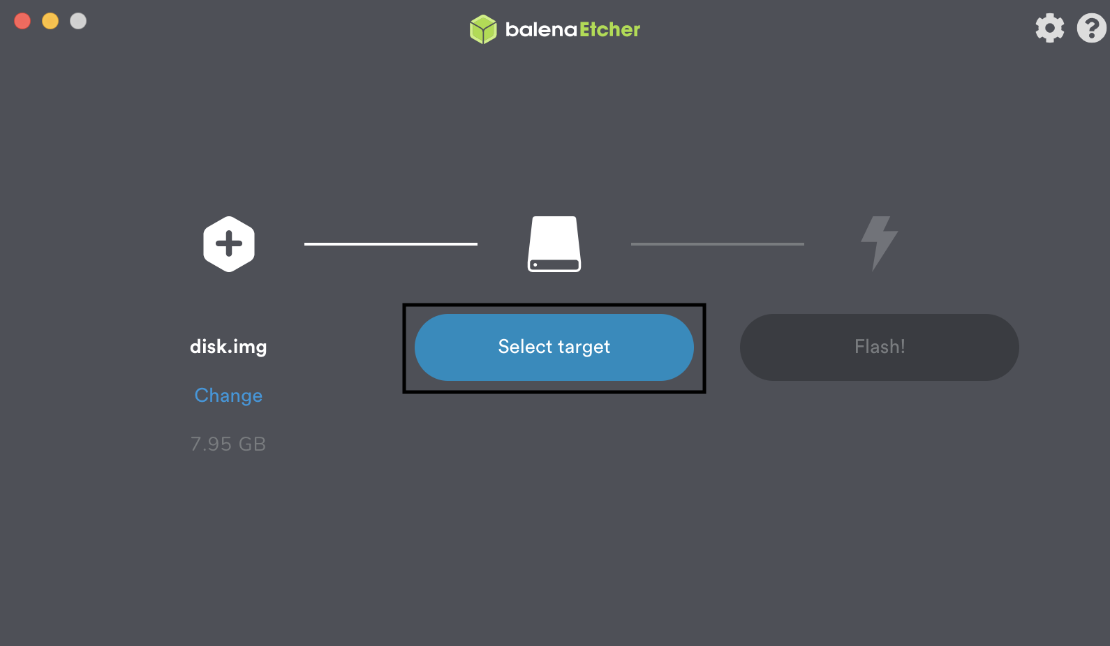 This image shows the "Select target" button in BalenaEtcher.