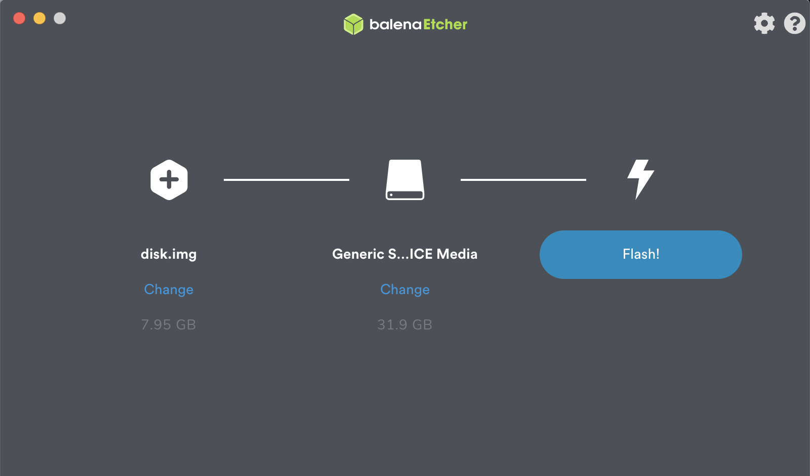 This image shows BalenaEtcher after a target has been selected.