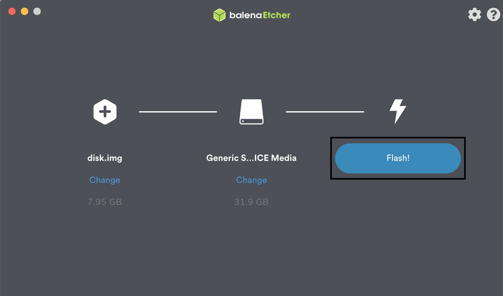 This image shows the "Flash!" button in BalenaEtcher.