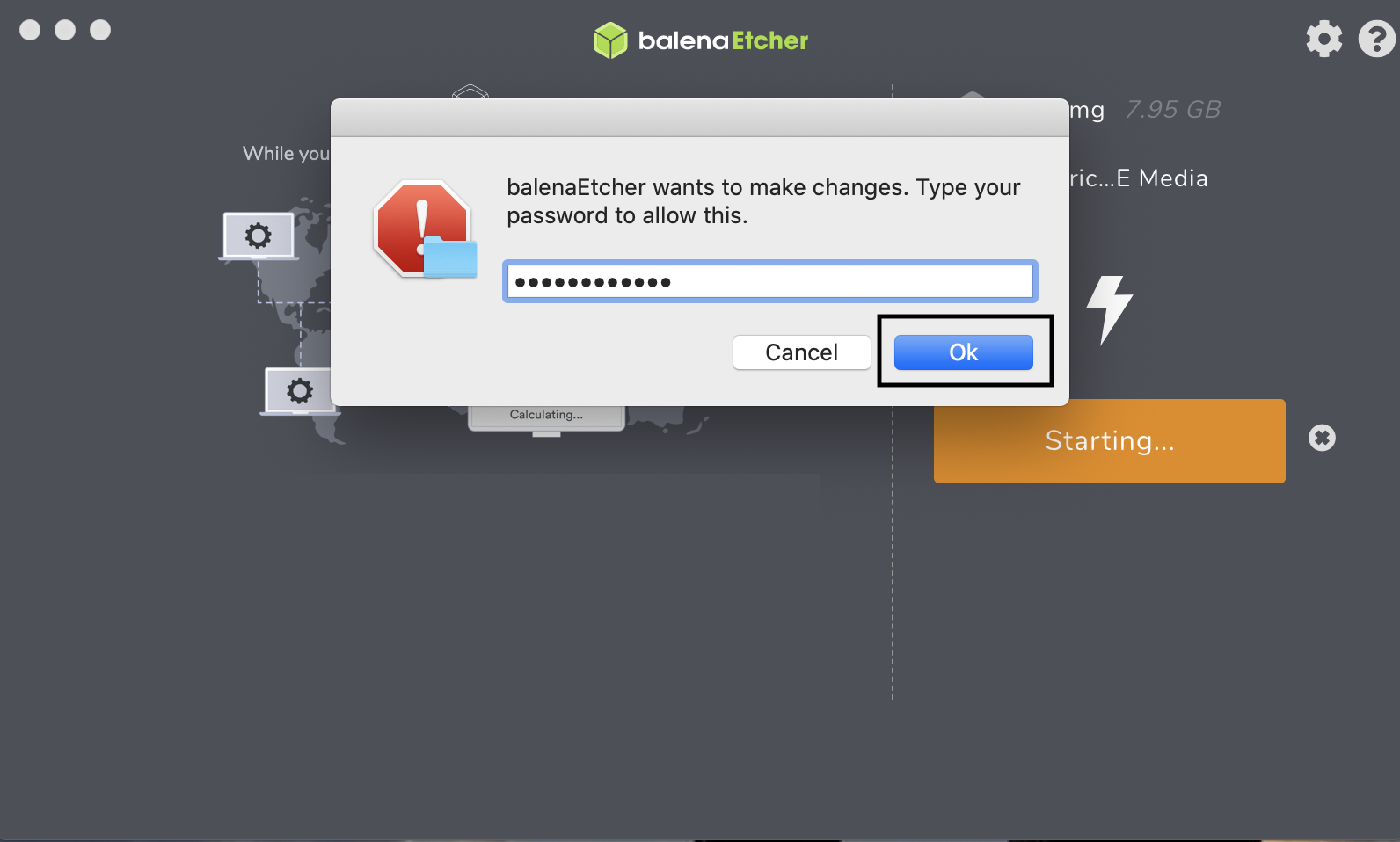 This image shows an example of a password prompt in BalenaEtcher.