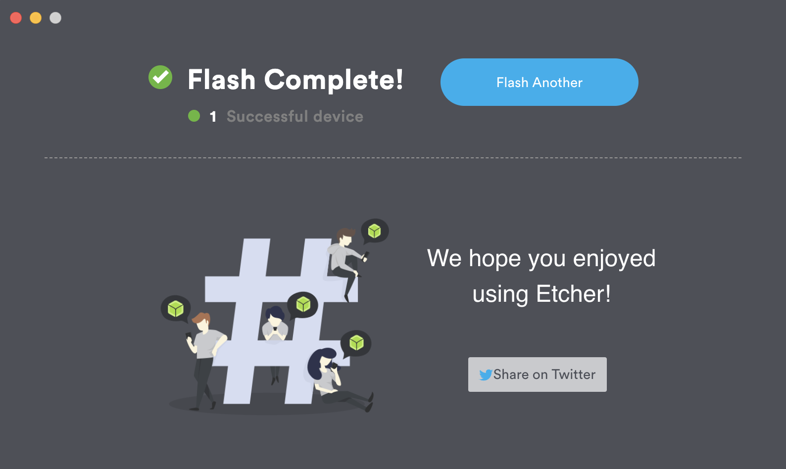 This image shows the "Flash Complete!" screen in BalenaEtcher.