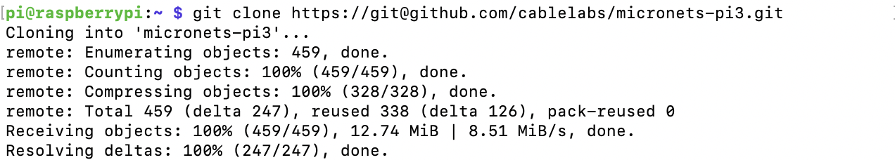 This image shows the expected output of the command "git clone https://git@github.com/cablelabs/micronets-pi3.git" being run on the Raspberry Pi.