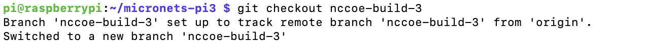 This image shows the expected output of the command "git checkout nccoe-build-3" being run on the Raspberry Pi.
