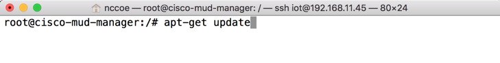 This image shows the command "apt-get update" being run on the Cisco MUD Manager.