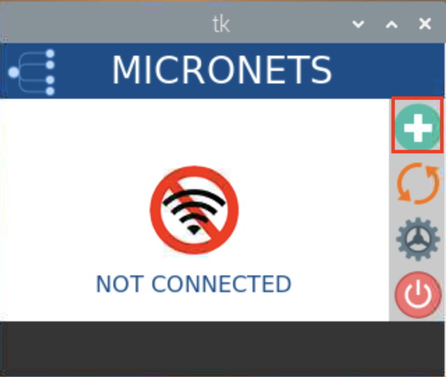 This image shows the Micronets Proto-Pi app being used on the Raspberry Pi. The green button with a plus sign is highlighted to initiate the onboarding process.