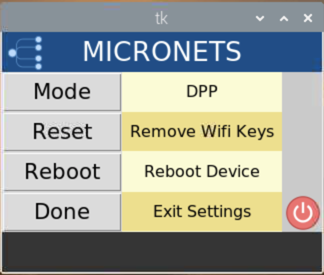 This image shows the expected output after pressing the settings button in the Micronets Proto-Pi app being used on the Raspberry Pi.