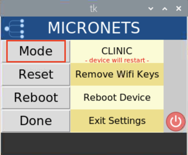 This image shows the mode button from the Settings menu in the Micronets Proto-Pi app being used on the Raspberry Pi.