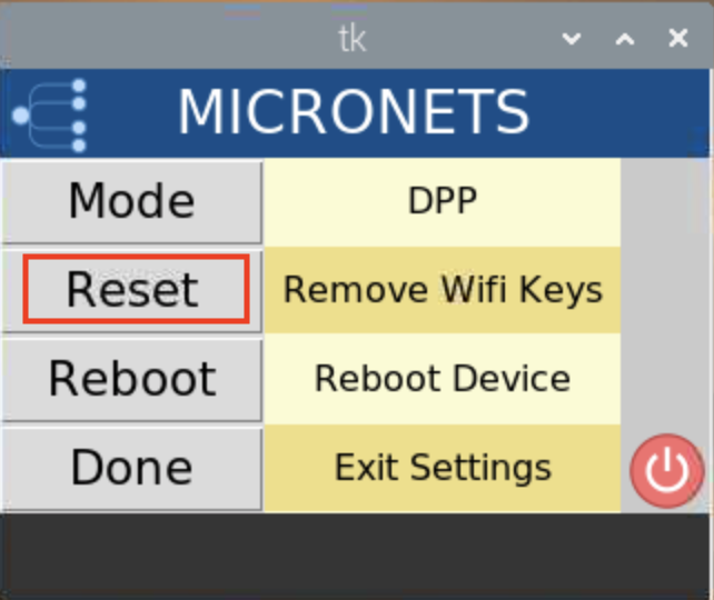 This image shows the reset button from the Settings menu in the Micronets Proto-Pi app being used on the Raspberry Pi.