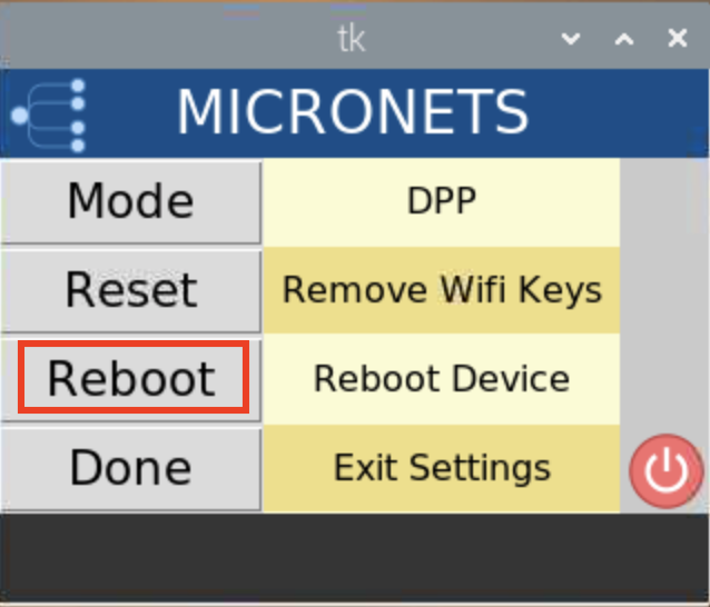 This image shows the reboot button from the Settings menu in the Micronets Proto-Pi app being used on the Raspberry Pi.
