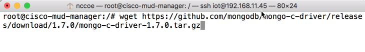 This image shows the command "wget https://github.com/mongodb/mongo-c-driver/releases/download/1.7.0/mongo-c-driver-1.7.0.tar.gz" being run on the Cisco MUD Manager.
