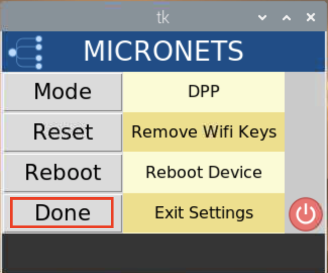 This image shows the done button from the Settings menu in the Micronets Proto-Pi app being used on the Raspberry Pi.
