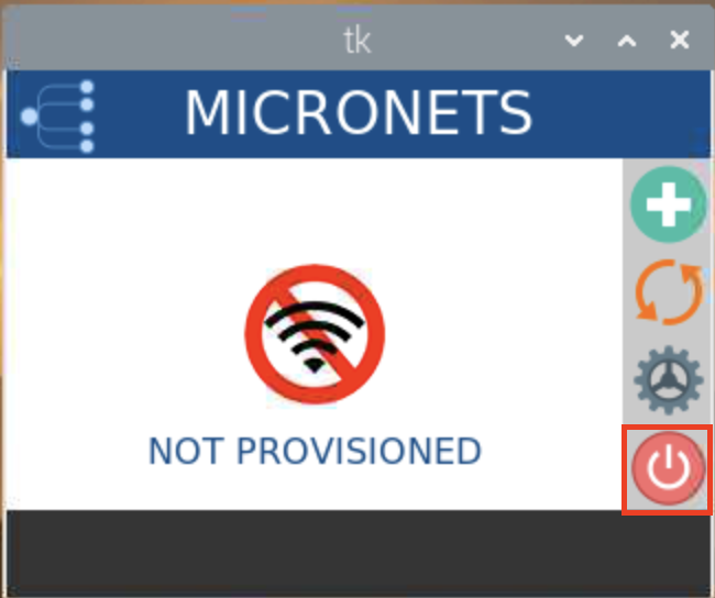 This image shows the power button from the main screen on the Micronets Proto-Pi app being used on the Raspberry Pi.